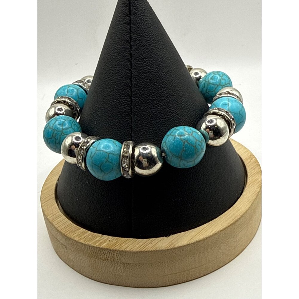 Southwestern Boho-Chic Rustic Turquoise Silver Beaded Stretch Bracelet - Picture 2 of 3